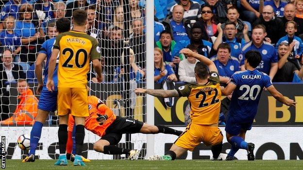 Shinji Okazaki scores for Leicester against Brighton