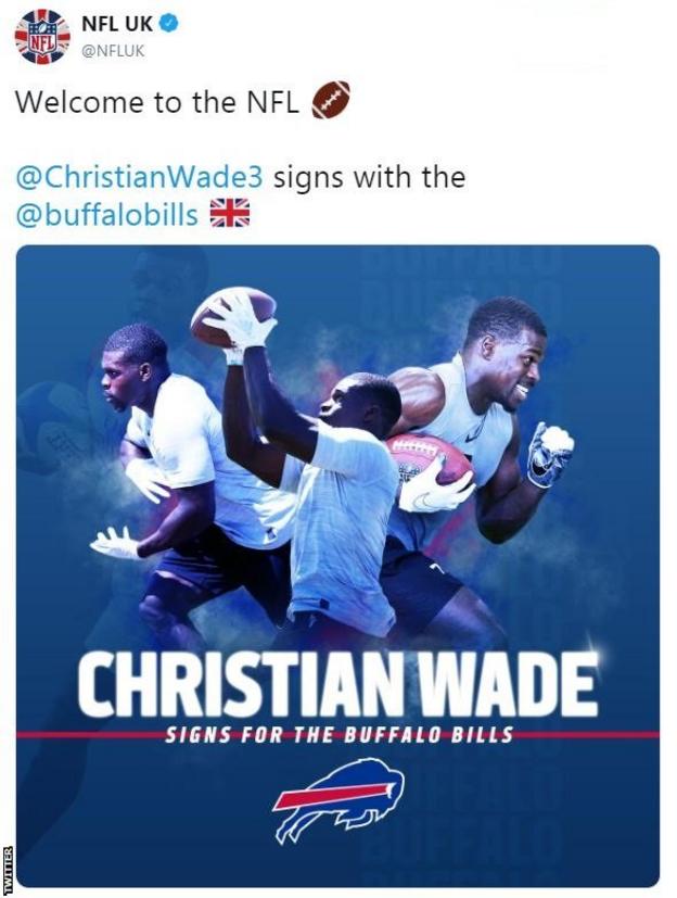 NFL UK tweet saying "Welcome to the NFL. Christian Wade signs with the Buffalo Bills", accompanied with a graphic of Wade playing American football.