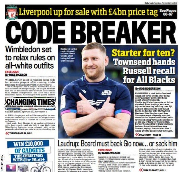 The back page of the Scottish Daily Mail on 081122