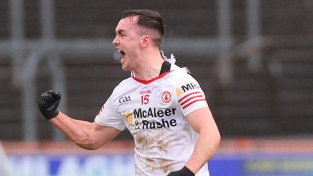 Darragh Canavan celebrates winning a crucial free for Tyrone against Kerry
