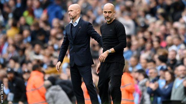 Manchester City's Pep Guardiola and Manchester United's Erik ten Hag