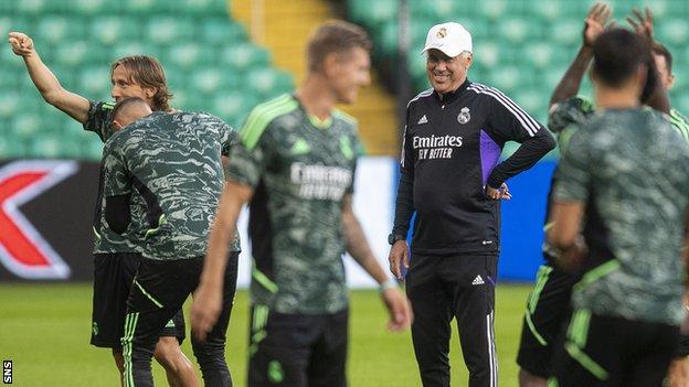 Real Madrid head coach Carlo Ancelotti and his players train at Celtic Park