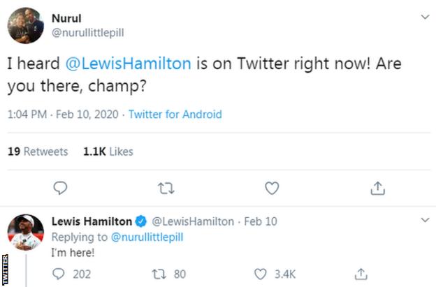 Lewis Hamilton responds &amp;quot;I'm here&amp;quot; to a fan who asks if he was on Twitter right now