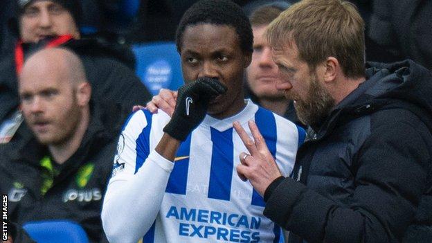 Enock Mwepu takes instructions from Brighton manager Graham Potter