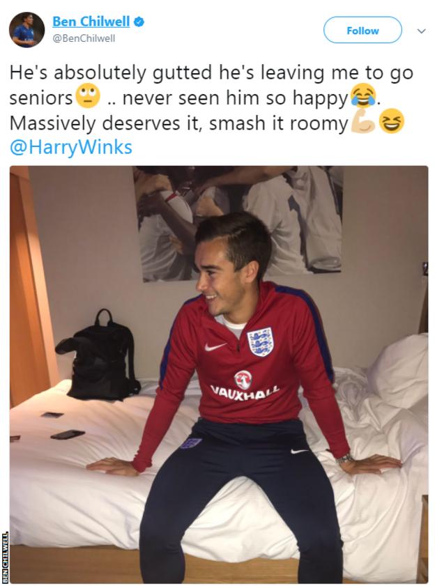 Ben Chilwell tweeted this picture of room-mate Harry Winks after he was called up to England's senior side