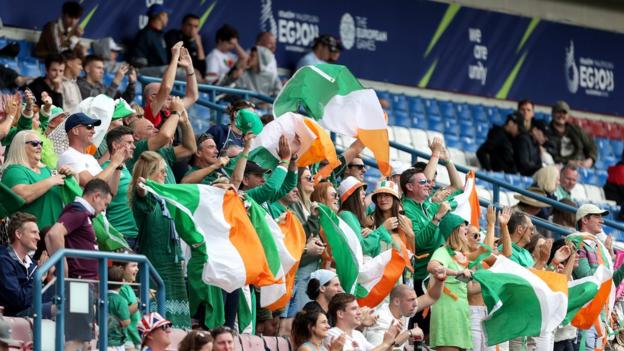 Irish fans watching the rugby sevens competition in Krakow