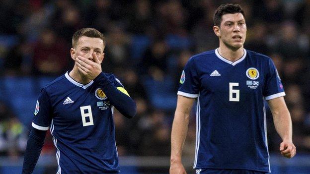 Scotland captain Callum McGregor and Scott McKenna are left disappointed