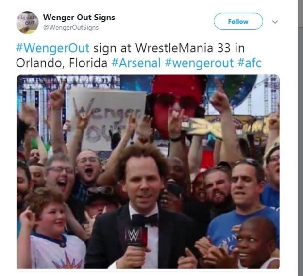 A 'Wenger Out' banner spotted at WrestleMania 33 in Florida