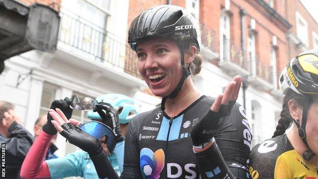Pfeiffer Georgi celebrates winning the British road race