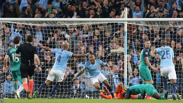 Raheem Sterling scores the goal that was disallowed for Manchester City against Tottenham