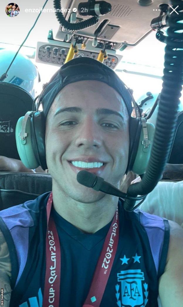 Argentina midfielder Enzo Fernandez posted a selfie from inside the helicopter