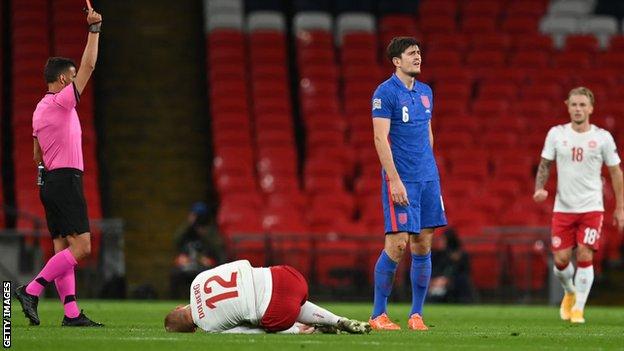 Harry Maguire is sent off against Denmark