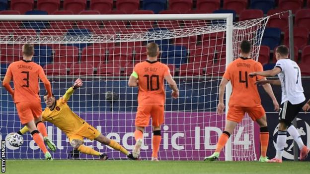 Florian Wirtz scores from the edge of the box for Germany against the Netherlands at the Euopean Under-21 Championship