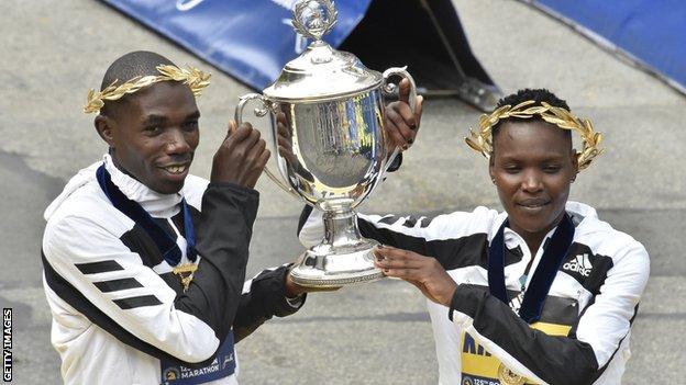 Benson Kipruto and Diana Kipyogei celebrate their victories in the Boston marathon