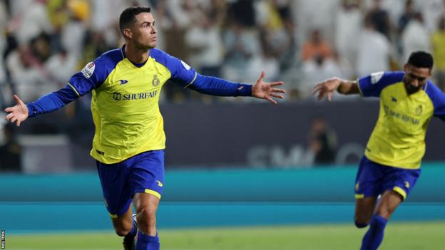 Cristiano Ronaldo celebrates scoring for Al Nassr