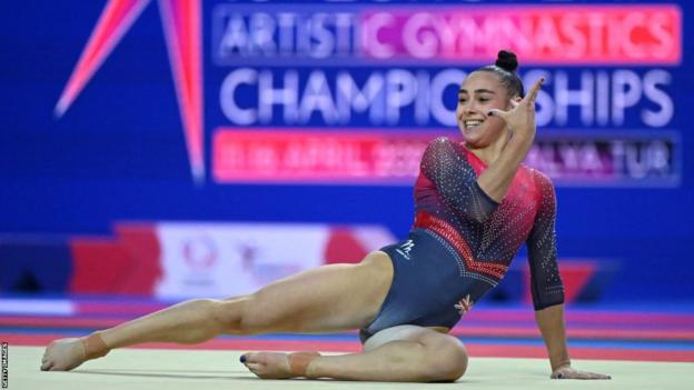 Jessica Gadirova performs on the floor at the European Championship