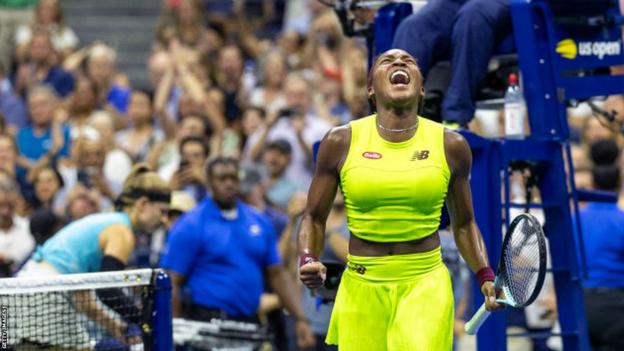 Coco Gauff celebrates beating Karolina Muchova in the US Open semi-finals