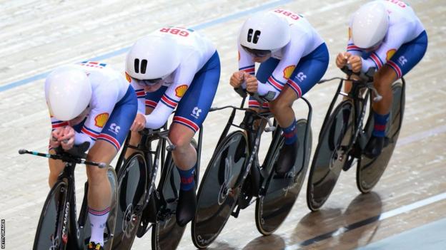 British riders Neah Evans, Katie Archibald, Josie Knight and Anna Morris compete in the women's team pursuit during the 2022 UCI Track Cycling World Championships