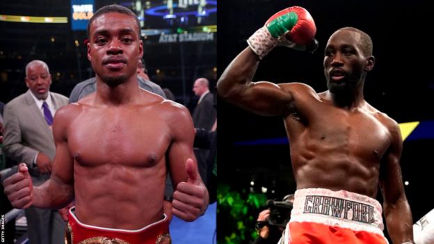 Errol Spence Jr and Terence Crawford in the ring in a side by side picture