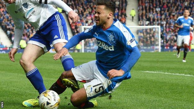 Harry Forrester reacts in pain after a heavy tackle during Rangers' win over Peterhead at Hampden
