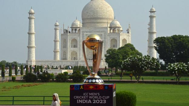 The ICC Cricket World Cup trophy pictured outside the Taj Mahal in India.