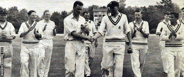 Jack Bannister is congratulated by Warwickshire captain MJK Smith after taking 10-41 against the Combined Services at the M&B ground in 1959