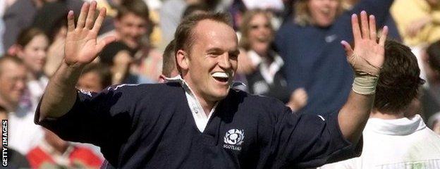 Gregor Townsend celebrates scoring for Scotland against France in 1999