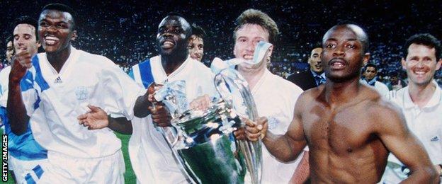 Abedi Pele and his Marseille team-mates celebrate winning the 1993 European Cup