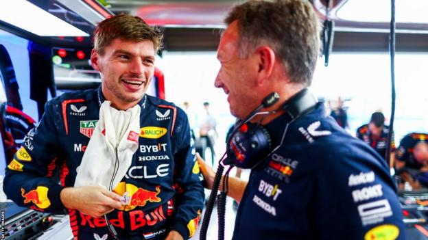 Red Bull's Max Verstappen and Christian Horner share a smile