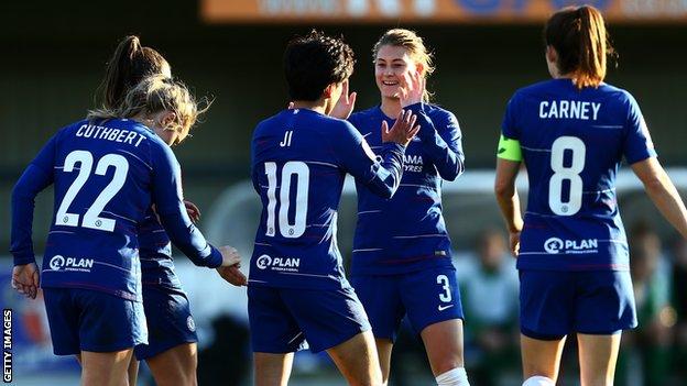 Chelsea Women celebrate a goal against Yeovil Town