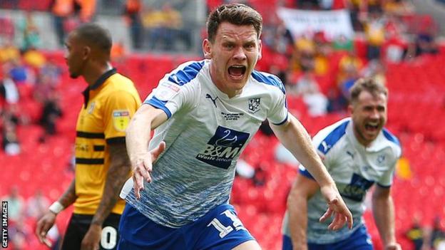 Connor Jennings scores for Tranmere in the 2019 League Two play-off final against Newport at Wembley