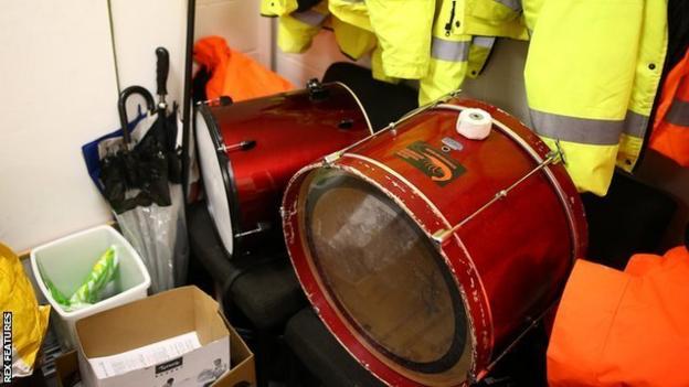 The Morecambe fans bands drum locked away in the stewards room as fans continue to be locked out of stadiums