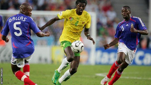 Emmanuel Adebayor playing for Togo against France at the 2006 World Cup in Germany