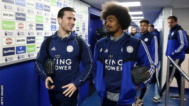 Leicester players Ben Chilwell (left) and Hamza Choudhury (right) talk in the tunnel before a game
