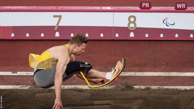 Long jumper Markus Rehm jumps at the Paralympics in Tokyo