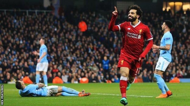 Mohamed Salah celebrates scoring for Liverpool against Manchester City