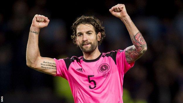 Charlie Mulgrew celebrates Scotland's 1-0 victory over Slovakia in their last World Cup qualifying campaign
