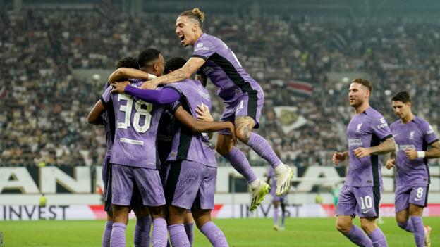 Liverpool players celebrate against LASK Linz