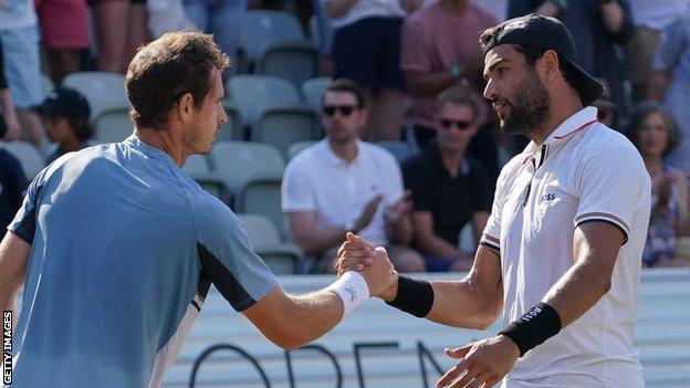 Andy Murray shakes hands with Matteo Berrettini after their Stuttgart final