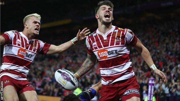 Oliver Gildart of Wigan celebrates scoring his sides opening try in the Super League Grand Final against Warrington in 2016