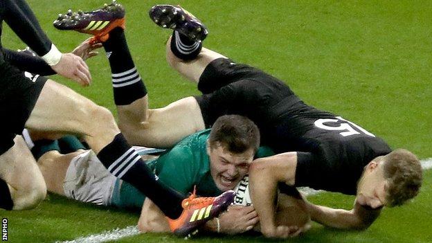 Jacob Stockdale's notches Ireland's crucial try in the win over the All Blacks in Dublin in November 2018