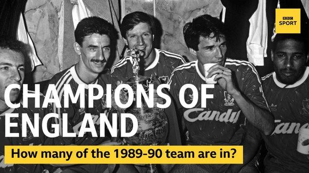 Ronny Rosenthal, Ian Rush, Ronnie Whelan, Alan Hansen and John Barnes celebrate Liverpool winning the title in 1990