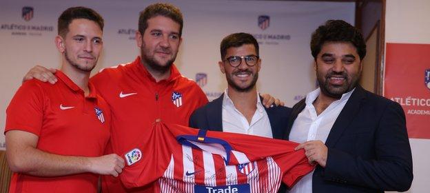 Coaches Javier Visea and Daniel Limones (left) have moved to Pakistan and are overseen by Atletico's international academy manager Fernando Lobete (centre right) and academy director Omer Sheikh (right)