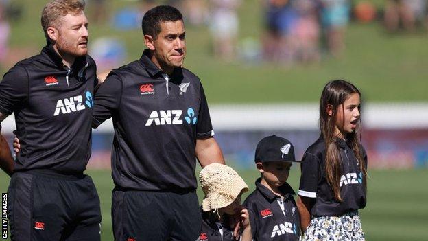 Ross Taylor and three children during national anthem