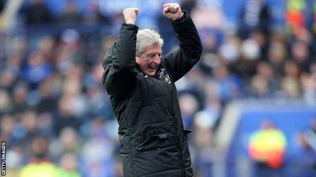 Roy Hodgson celebrating as Wilfred Zaha scores to make it 2-0 against Leicester City at King Power Stadium on 16 December 2017