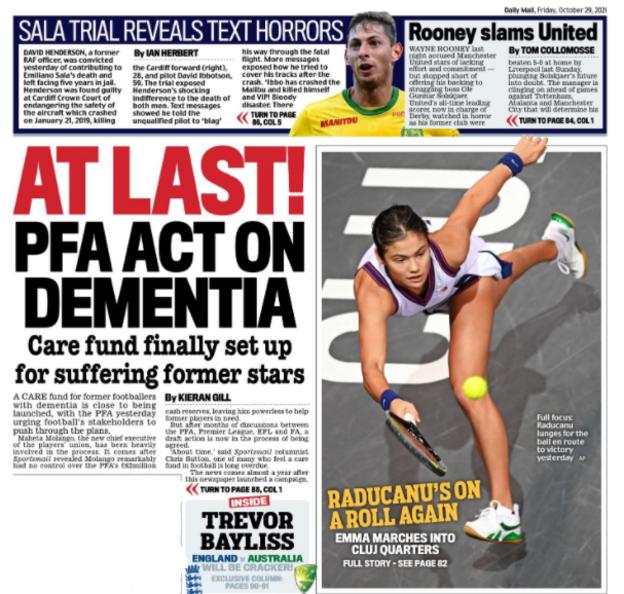 Friday's Daily Mail back page: 'At last! PFA act on dementia'