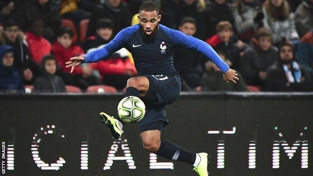 France's forward Bryan Mbeumo controls the ball during the UEFA Under 21 Euro 2021 qualifying football match between Switzerland and France on November 19, 2019 at La Maladiere stadium in Neuchatel.
