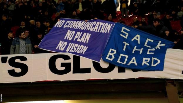Everton fans hold up banners during the FA Cup third-round defeat at Manchester United