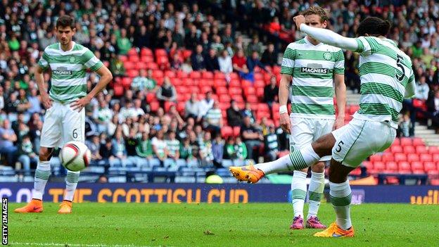 Virgil van Dijk takes a free kick when playing for Celtic