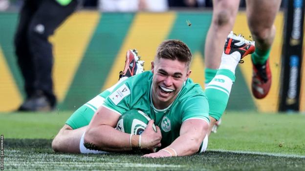 Jack Crowley scores his first international try for Ireland